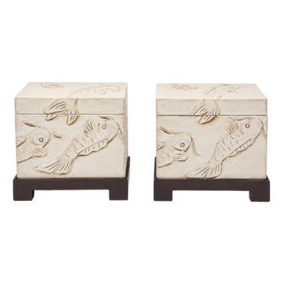Mid-Century Asian Modern Ivory Glazed Koi Fish Box on Stand Side Tables - Pair For Sale