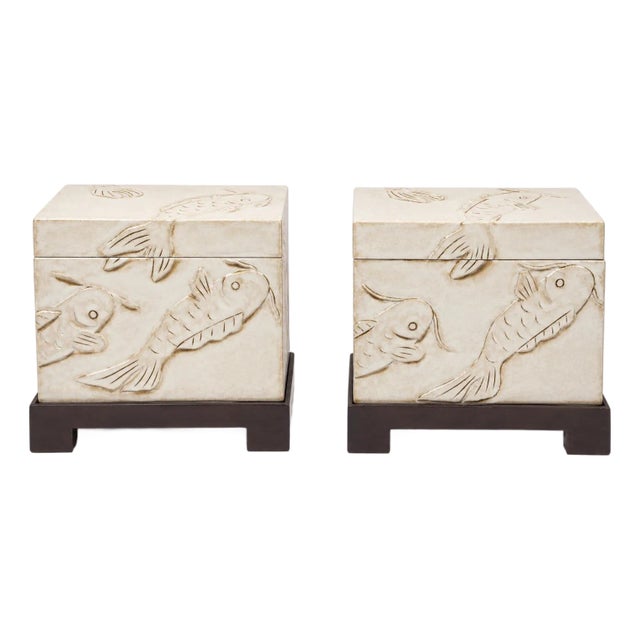 Mid-Century Asian Modern Ivory Glazed Koi Fish Box on Stand Side Tables - Pair For Sale