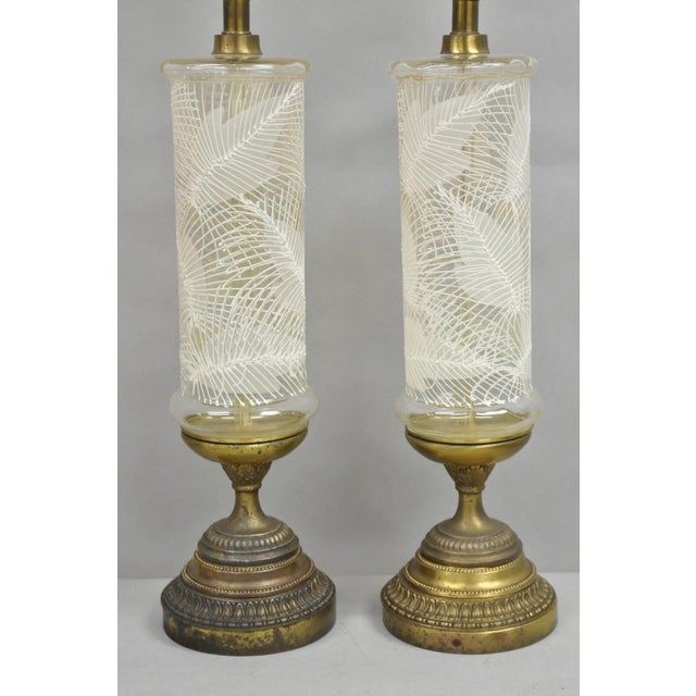 Mid 20th Century Italian Hollywood Regency Glass Cylinder Palm Leaf Painted Table Lamp - A Pair For Sale - Image 9 of 12
