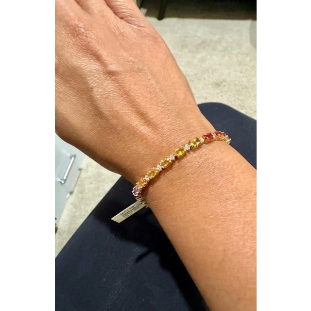 Metal 8.83 Carat Multi-Color Sapphire Diamond Yellow Gold Tennis Bracelet For Sale - Image 7 of 8