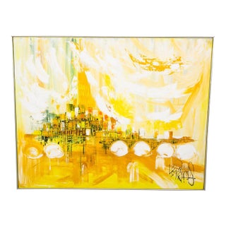 Mid Century Modern Painting Art Abstract Expressionist Lee Reynolds Yellow White For Sale