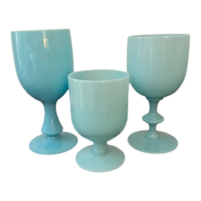 1930s Assorted Blue Opaline Goblets - Set of 3 For Sale