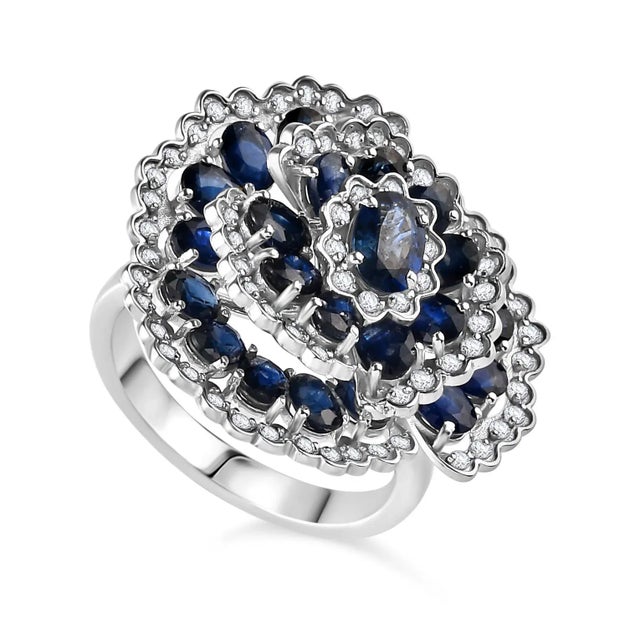 Art Deco 7.02 Carat Sapphire Diamond Floral Statement Ring for Her Size 6 For Sale - Image 3 of 12