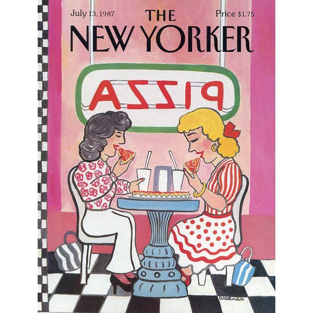 Original early New Yorker magazine cover dated July 13, 1987 featuring a Pizza theme. Based on an illustration by Barbara...