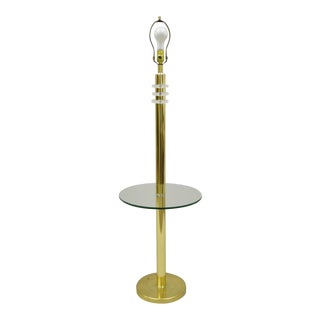Vintage Mid Century Modern Lucite Brass Glass Pole Floor Lamp Side Table (A) For Sale
