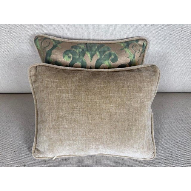 An elegant pair of petite accent pillows handcrafted from authentic Fortuny Venetian cotton in a luminous celadon, moss,...
