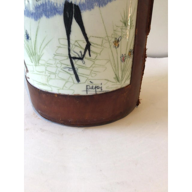 Animal Skin 1960s Quadrifoglio Italian Leather & Ceramic Hand Painted Vase or Umbrella Stand For Sale - Image 7 of 11