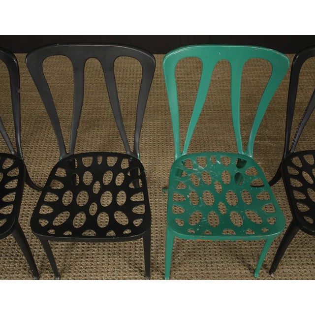 Set of 8 Vintage Metal Café Chairs, Tolix Style Industrial Dining Chairs, French Bistro Patio Chairs, Black & Green Metal Chairs For Sale In Los Angeles - Image 6 of 14
