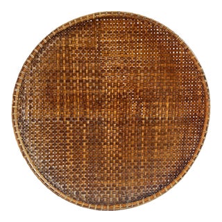 Vintage Bamboo Woven Round Basket Tray Medium For Sale