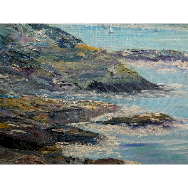 1970s 1970s Audrey Myrick Original Coastal Seascape Oil on Canvas in Carved Gilt Frame For Sale - Image 5 of 13
