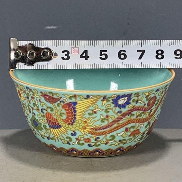 Chinese Vintage Chinese Porcelain Bowl, Turquoise Ground Gilded Phoenix Motif Bowl For Sale - Image 3 of 9