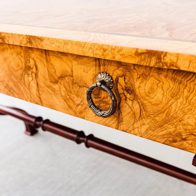 Goldenrod Restored Burl & Brass Vintage Regency Writing Desk by Baker For Sale - Image 8 of 15