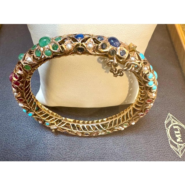Contemporary Natural Turquoise Emerald Ruby Sapphire pearl Bangle in 14 Kt Yellow Gold 41 Gm For Sale - Image 3 of 18