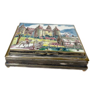 Antique Handmade Silver Plate Sciarrotta Painted Porcelain Wood Cigarette Box For Sale