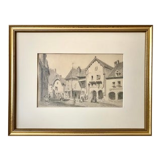 Antique Original Drawing of a European Town Scene 19th Century For Sale