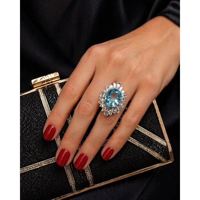 Bochic “Capri” Vintage Blue Topaz Ring Set In 18K White Gold & Silver For Sale - Image 4 of 10