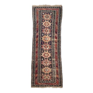 1930s ANCIENT Leshgi Star Design Navy ShirvanKuba Caucasian Runner Rug 3.9 x 10.9 For Sale
