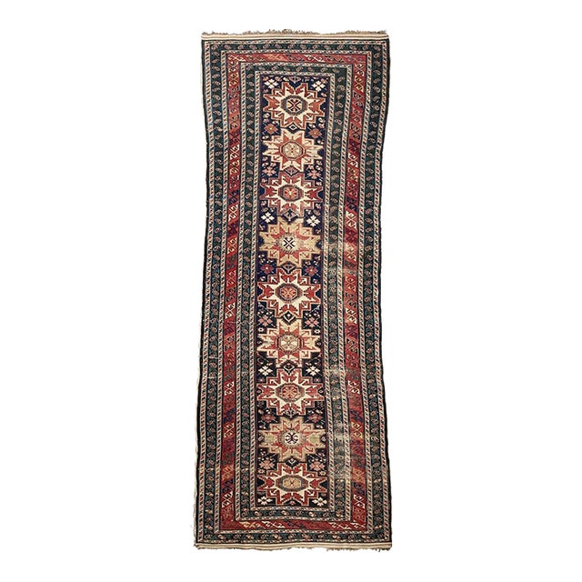 1930s ANCIENT Leshgi Star Design Navy ShirvanKuba Caucasian Runner Rug 3.9 x 10.9 For Sale