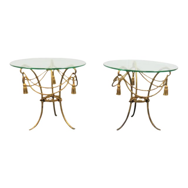 Hollywood Regengy Gold Tassel Glass Top Tables - a Pair For Sale