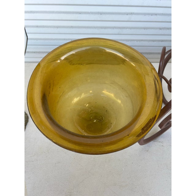 Vintage Cast Iron & Amber Glass Large Candle Holder or Planter For Sale - Image 4 of 10