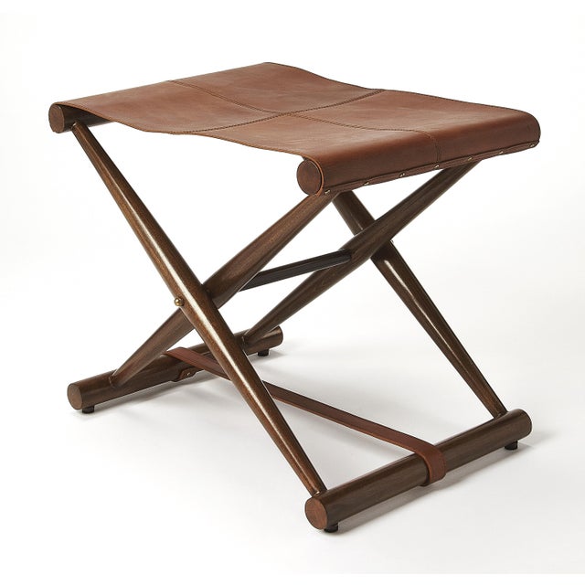 2020s Sutton 23.5 in. W Rectangular Leather and Wood Folding Accent Stool, Brown For Sale - Image 5 of 8