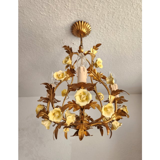 Antique Gilded Hand-Forged Florentine Pendant Lamp with Porcelain Roses – Handmade, Italy For sale is a charming floral...