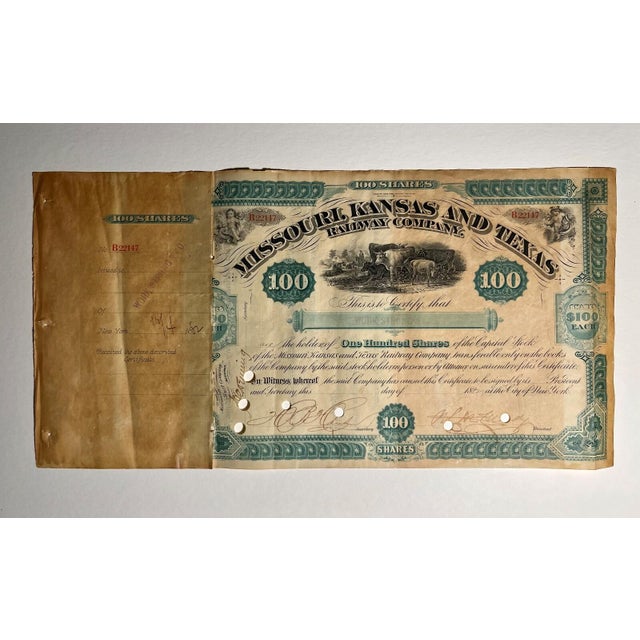 Antique 1882 Missouri-Kansas-Texas Railway Stock Certificate 100 Shares Framed – Cattle Vignette Original 1882 stock...