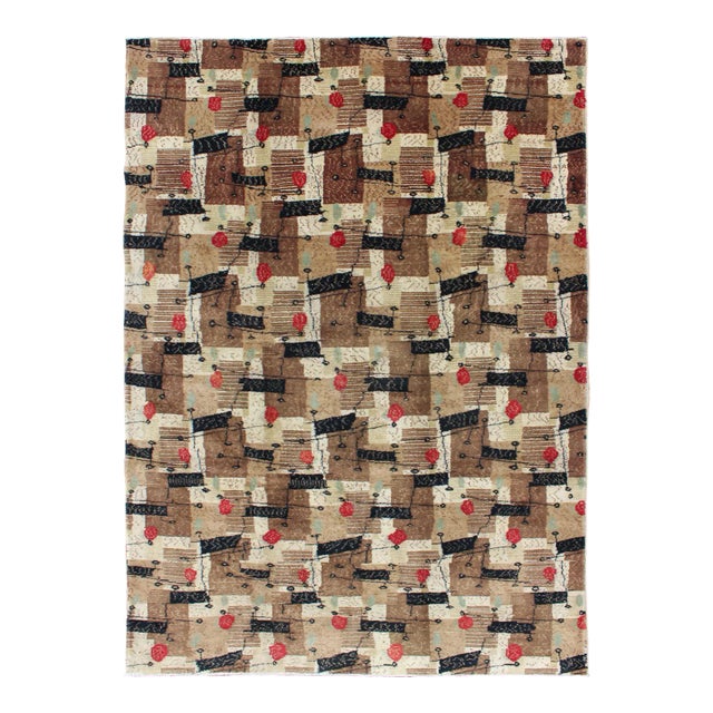 Mid 20th Century Mid-Century Modern Rug With Jagged Stripes and Block Design in Brown and Red For Sale