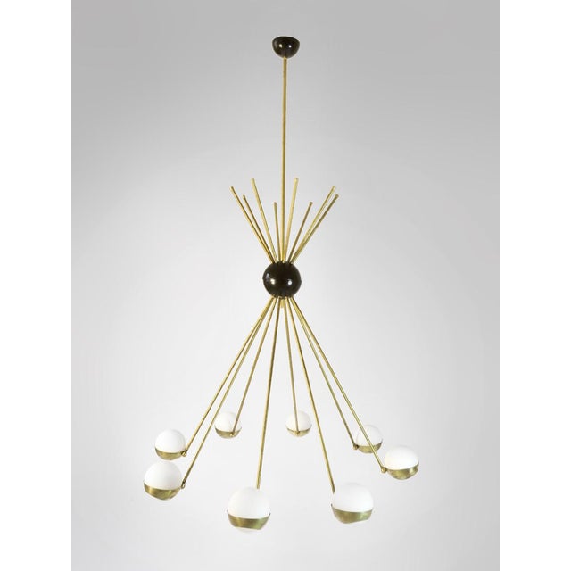 Mid-Century Modern Mid-Century Italian Brass and Opaline Glass Chandelier from Stilnovo For Sale - Image 3 of 6