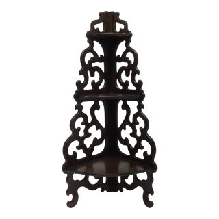 Mid Century Open Cutout Scroll Work Wood Corner Shelf in Mahogany Finish For Sale