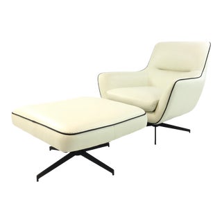 Contemporary White Leather Swivel Jack Chair and Ottoman Set of Two For Sale