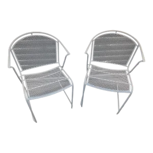 Vintage White Woodard Pinecrest Metal Iron Mesh Patio Chairs - Set of 2