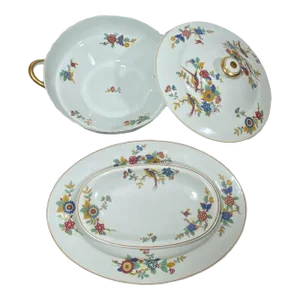 Vintage Charles Ahrenfeldt Limoges France - 4 Piece Serving Set, Florals & Birds, Yellow Band, Smooth
