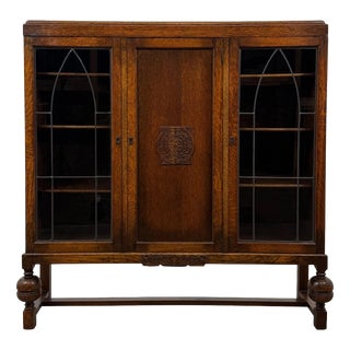 Antique English Oak Display and Storage Cabinet Vitrine For Sale