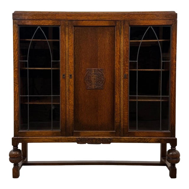 Antique English Oak Display and Storage Cabinet Vitrine For Sale