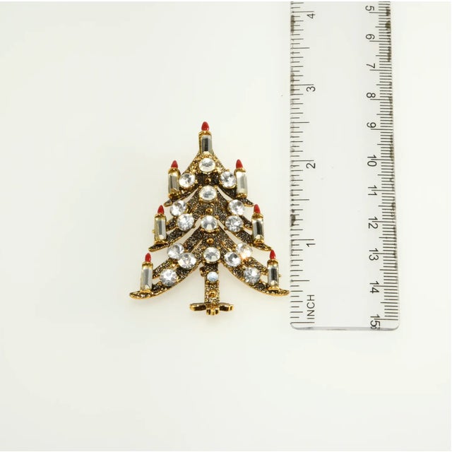 Abstract Vintage Pakula Candle Christmas Tree Pin Gold-Plated With Rhinestones For Sale - Image 3 of 4