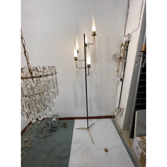 Black Brass & Opaline Glass Floor Lamp, 1950s For Sale - Image 8 of 11
