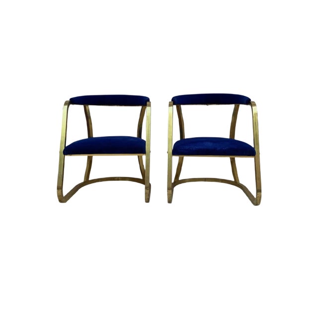 Set of Mid-Century French Gold Brass Armchairs with Blue Velvet Upholstery, 1940s For Sale