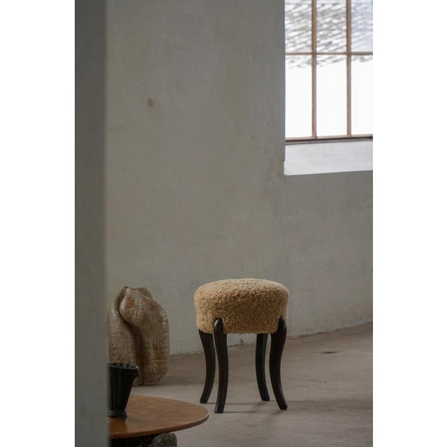Brown Mid-Century Danish Stool in Lambswool Upholstery with Curved Wooden Legs, 1940s For Sale - Image 8 of 18