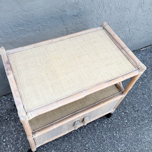 Boho Chic Boho Chic White Washed Bamboo Reed and Grass Cloth Bar Cart For Sale - Image 3 of 9