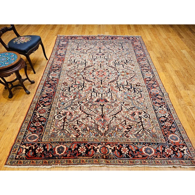 Vintage Heriz Serapi Rug, Hand-Knotted Wool, Allover Geometric Pattern, Ivory & Red, 7x10 For Sale - Image 11 of 18