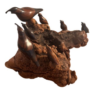 Vintage 7 Wooden Birds on Carved Burl Wood Sculpture For Sale