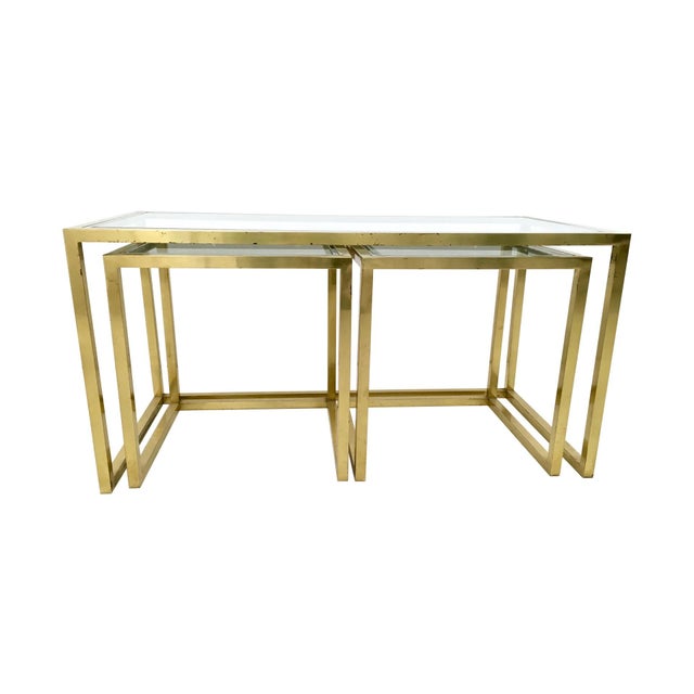 Postmodern Nesting Tables in Brass, Glass and Steel, 1970s, Set of 3 For Sale - Image 4 of 12