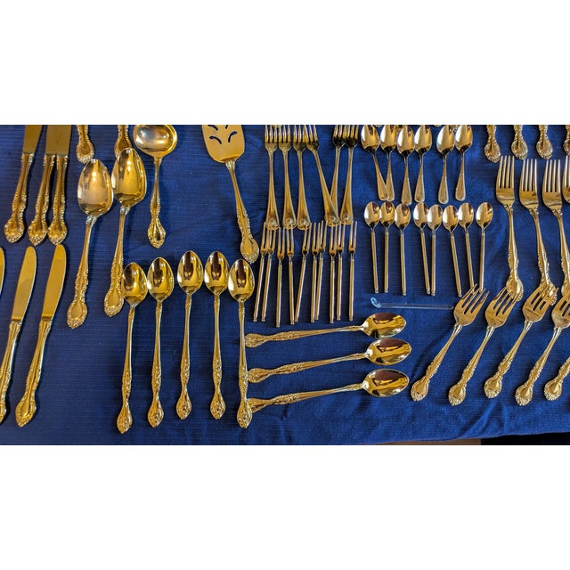 Late 20th Century Late 20th Century Mid Century Modern Curated Gold-Tone Flatware Service - Featuring Gense Nobel & Mixed Ornate Patterns - 86-Piece For Sale - Image 5 of 7