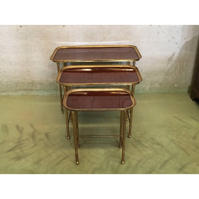 Wood 19th Century Set of Three Nesting Tables in Brass and Mahogany, France For Sale - Image 7 of 13