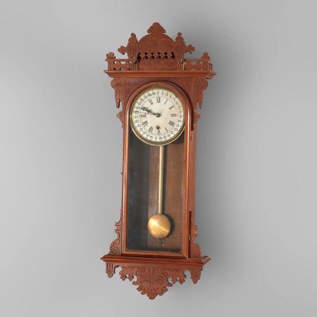 Oversized Antique Chip Carved Walnut Calendar Clock C1890 For Sale - Image 11 of 16