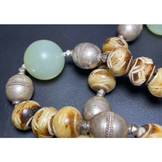 Tribal 1990s Dzi Diamond Eye Carved Bone Nephrite Jade Afghan Sterling Silver Beads & Clasp For Sale - Image 3 of 6