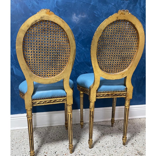 Mid 18th Century Mid 18th Century French Louis XVI Giltwood Chairs With Italian Blue Leather & Cane Backs — Pair For Sale - Image 5 of 11