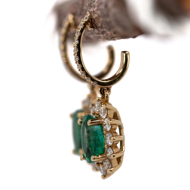 2020s Sunburst Zambian Emerald Earrings W Natural Diamonds in 14k Solid Gold Ov 7x5mm- Set of 2 For Sale - Image 5 of 6