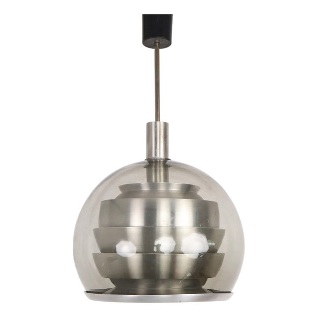 Doria Layered Pendant Lamp in Smoked Glass and Aluminium from Doria Leuchten, 1960s For Sale
